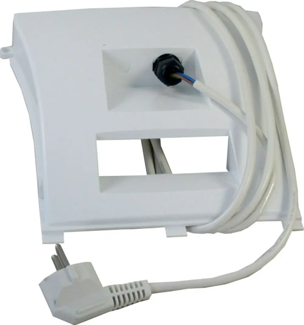Kabel mit Netzstecker für Wolf Produkte, weißes Gehäuse mit Kabeldurchführung und herausführendem Stecker.